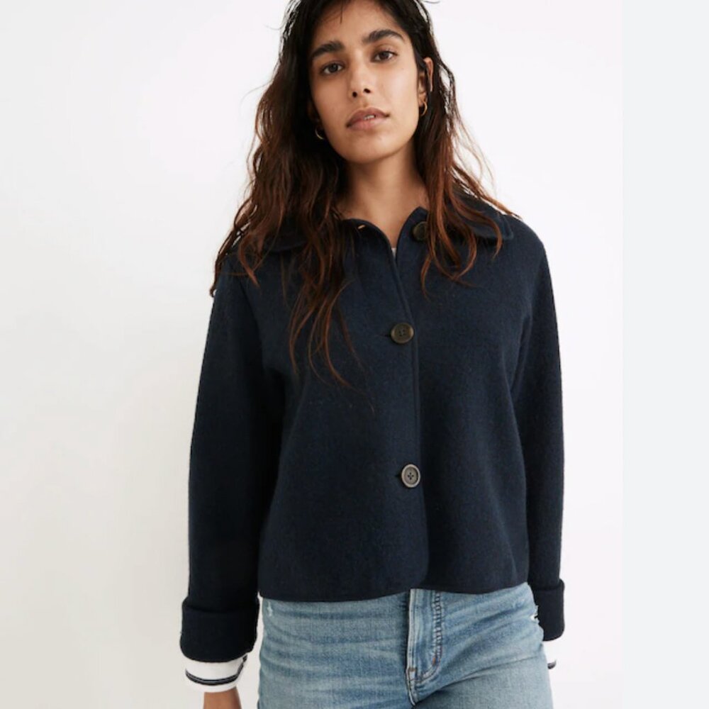 NWT Madewell Edenton Boiled Wool Sweater Jacket Heathered Midnight Sz Small